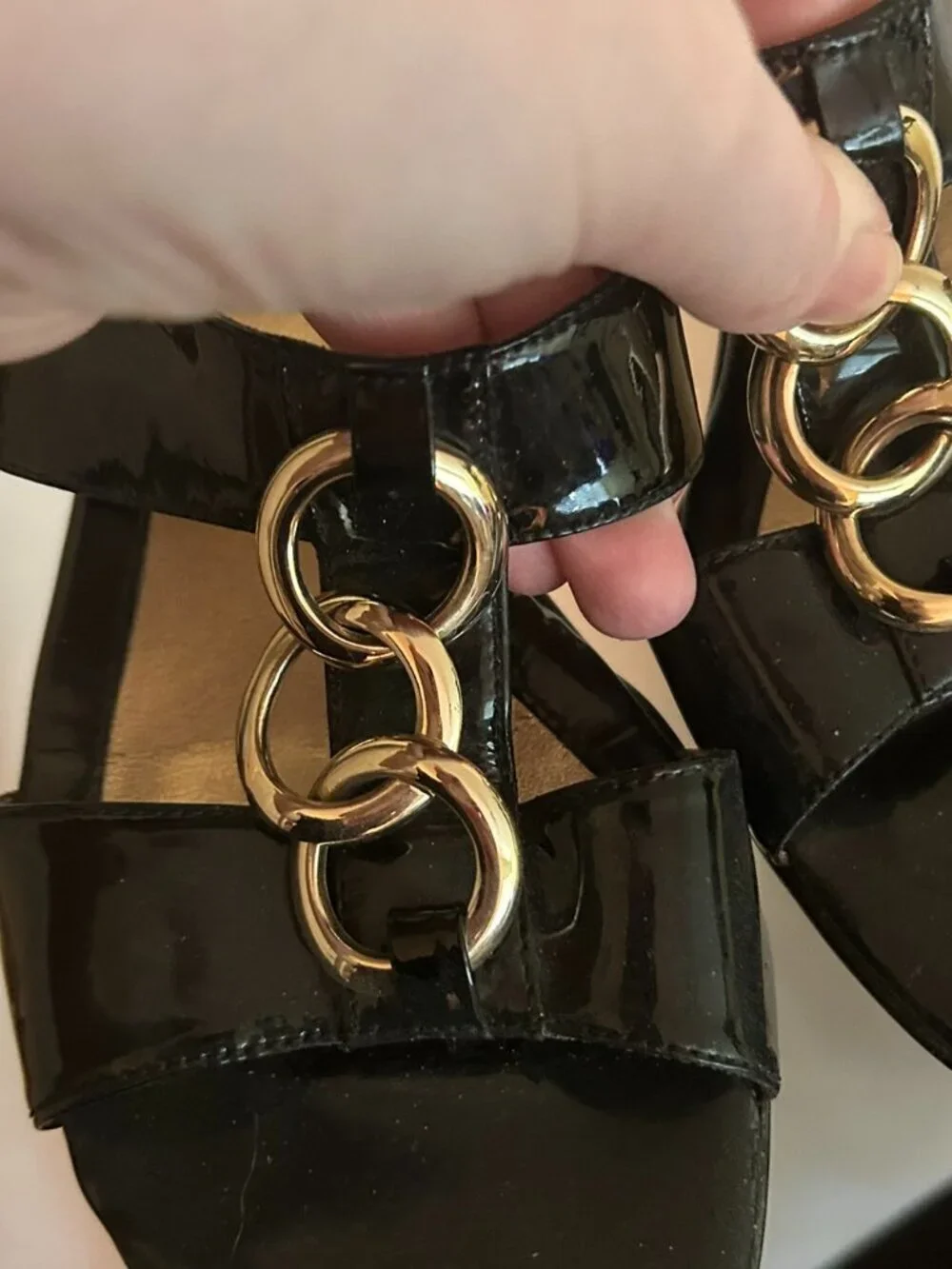 Like New Sofft Black Patent Leather Gold Ring Wedge Slide Sandals Size 8